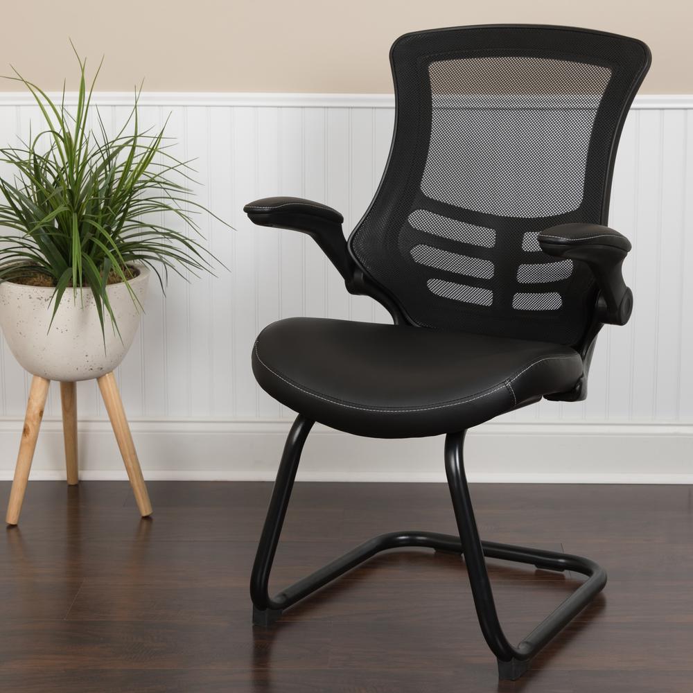 Black Mesh Sled Base Side Reception Chair with White Stitched Seat. Picture 2
