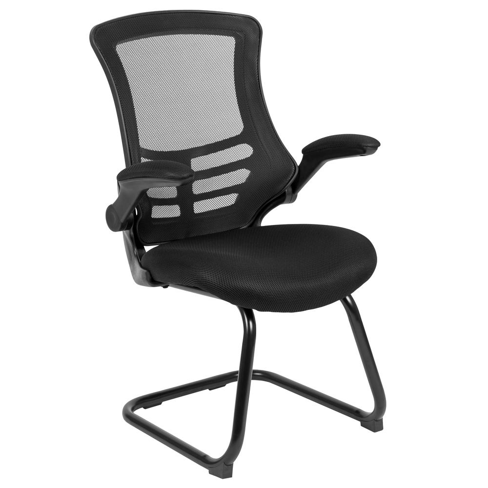 Black Mesh Sled Base Side Reception Chair with Flip-Up Arms. Picture 1