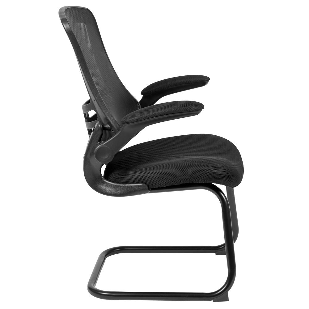 Black Mesh Sled Base Side Reception Chair with Flip Up Arms. Picture 3