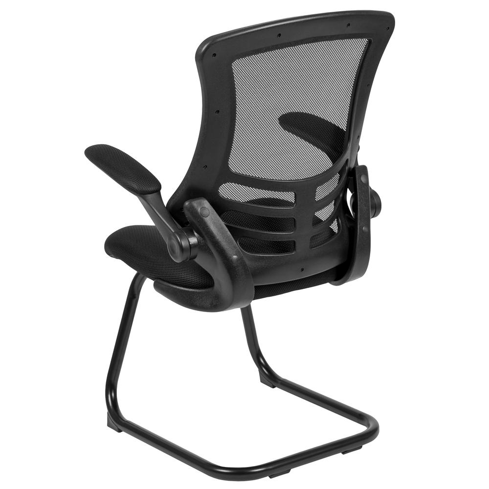 Black Mesh Sled Base Side Reception Chair with Flip Up Arms. Picture 4