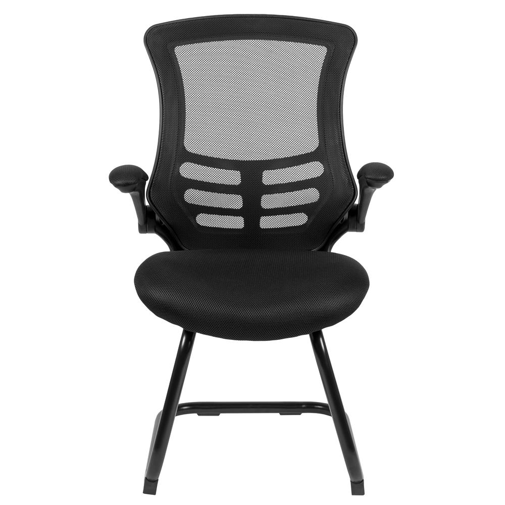 Black Mesh Sled Base Side Reception Chair with Flip Up Arms. Picture 5
