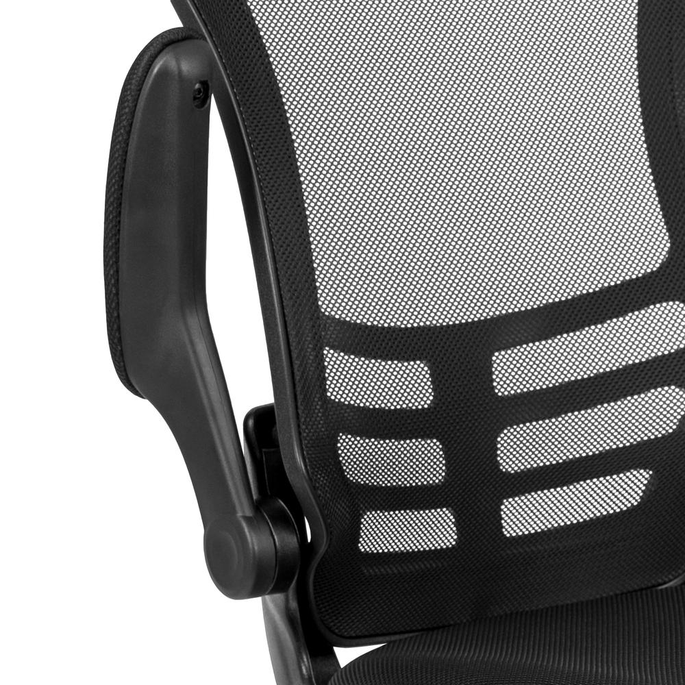 Black Mesh Sled Base Side Reception Chair with Flip Up Arms. Picture 8