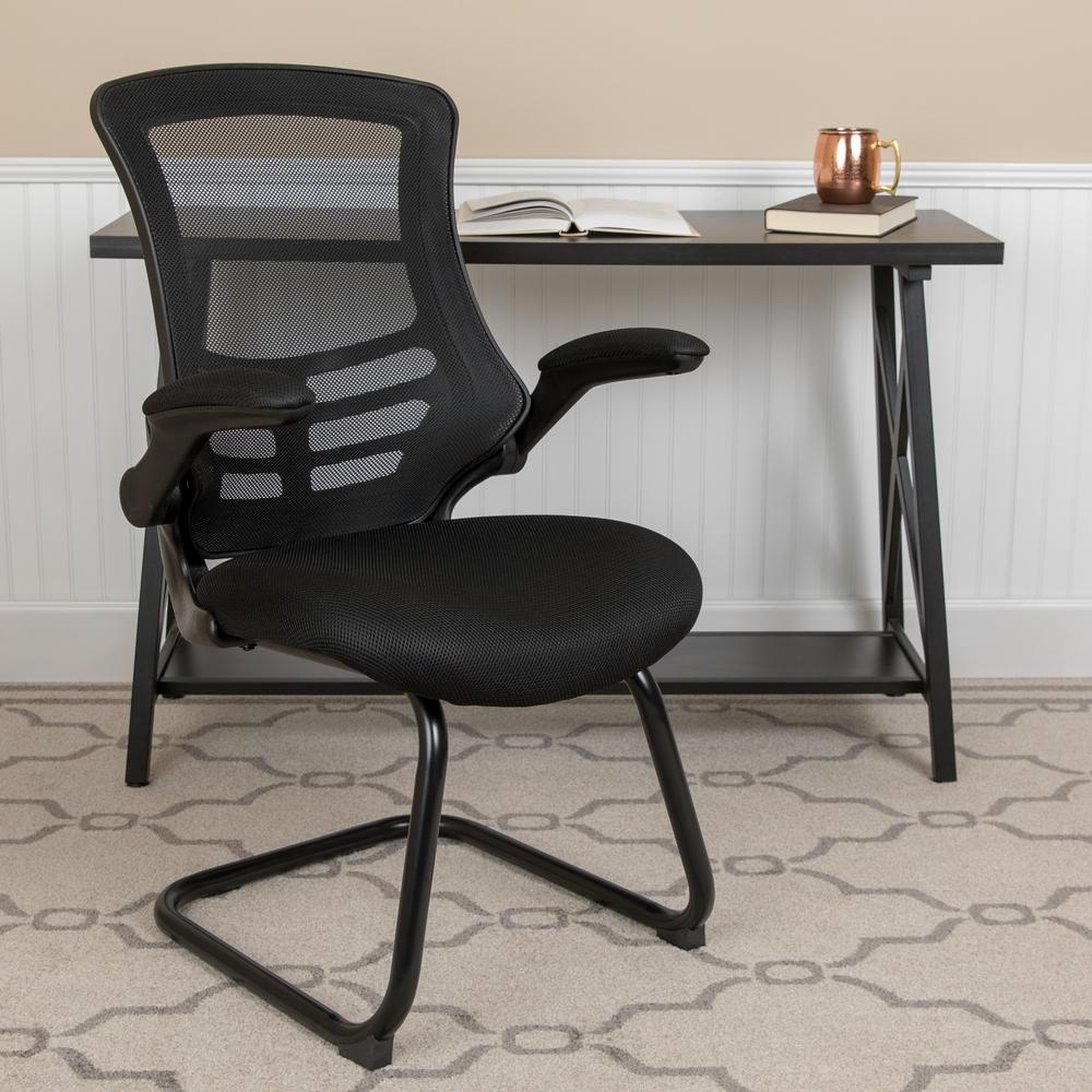 Black Mesh Sled Base Side Reception Chair with Flip-Up Arms. Picture 2