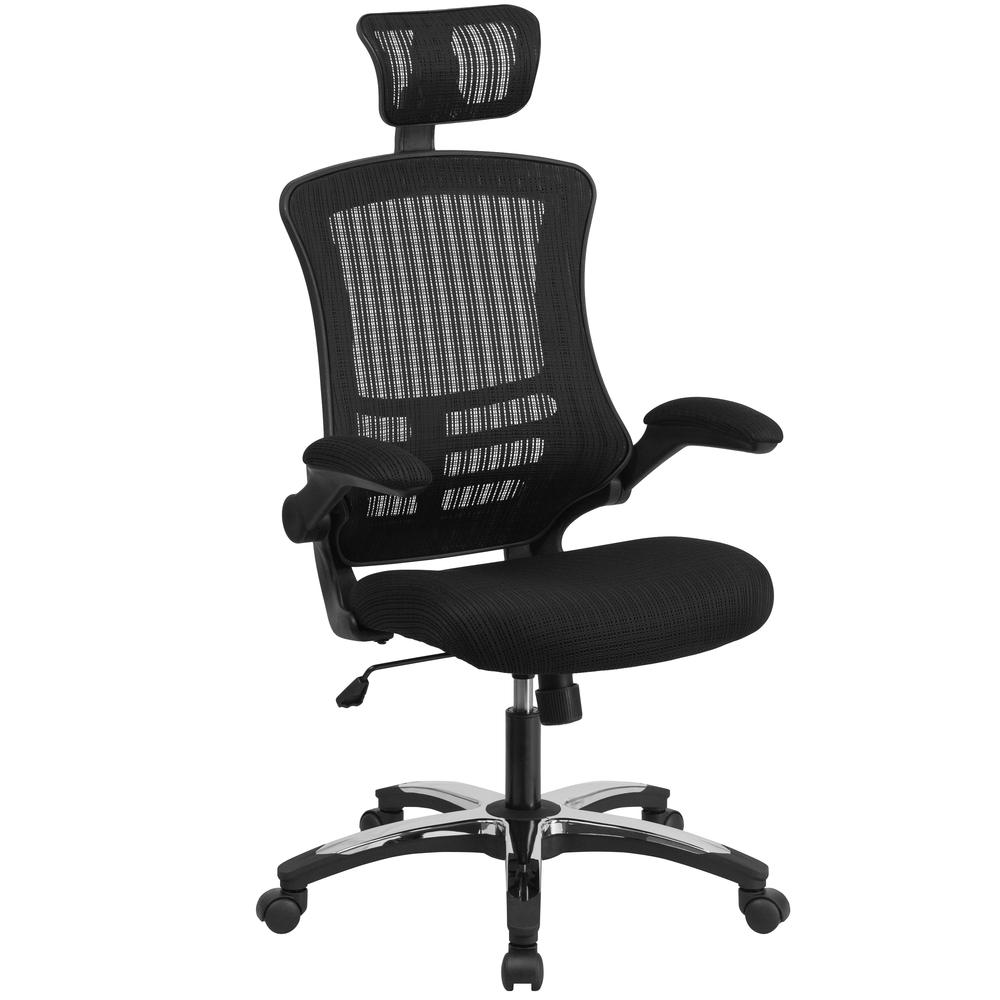High-Back Black Mesh Swivel Ergonomic Executive Office Chair with Flip-Up Arms and Adjustable Headrest, BIFMA Certified. Picture 1