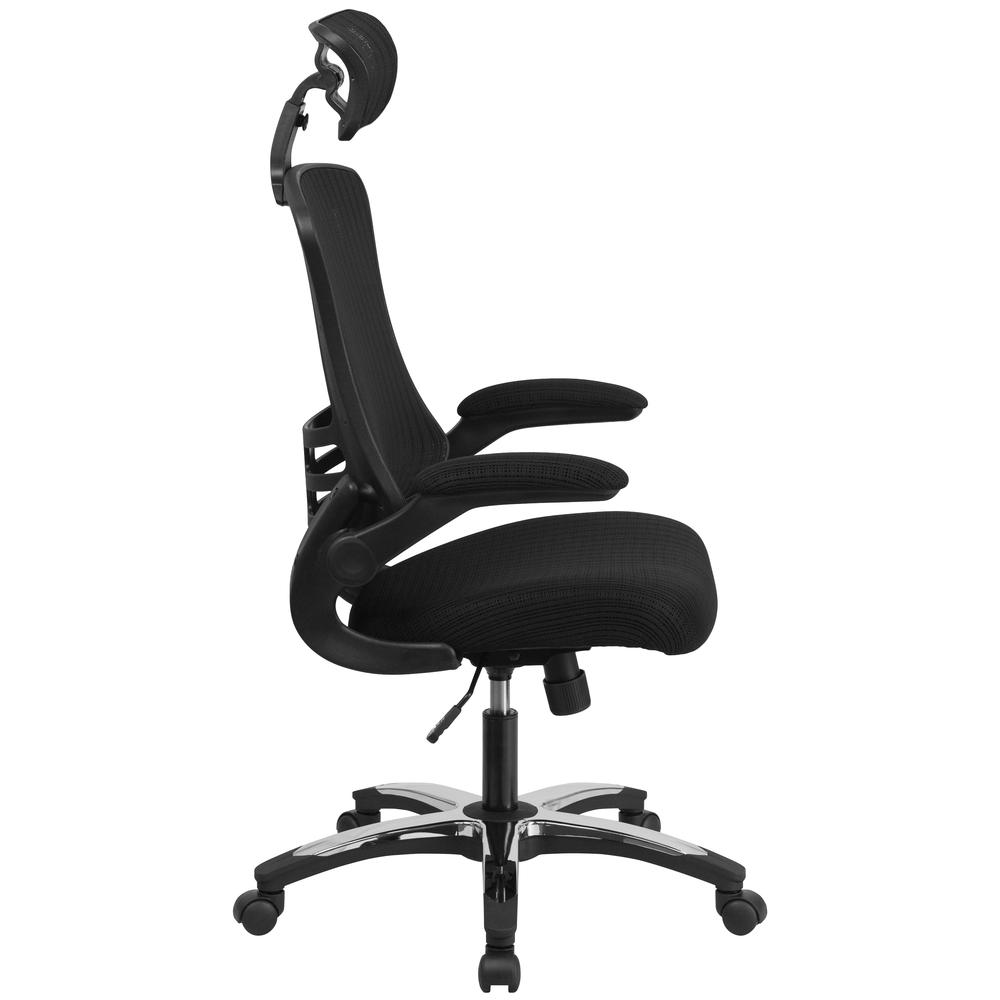 High-Back Black Mesh Swivel Ergonomic Executive Office Chair with Flip-Up Arms and Adjustable Headrest, BIFMA Certified. Picture 3