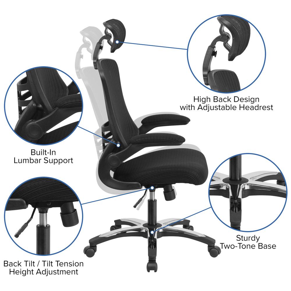 High-Back Black Mesh Swivel Ergonomic Executive Office Chair with Flip-Up Arms and Adjustable Headrest, BIFMA Certified. Picture 6