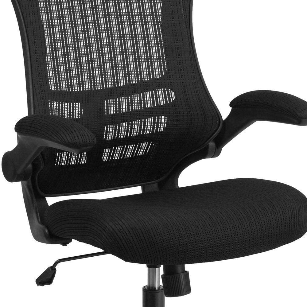 High-Back Black Mesh Swivel Ergonomic Executive Office Chair with Flip-Up Arms and Adjustable Headrest, BIFMA Certified. Picture 7