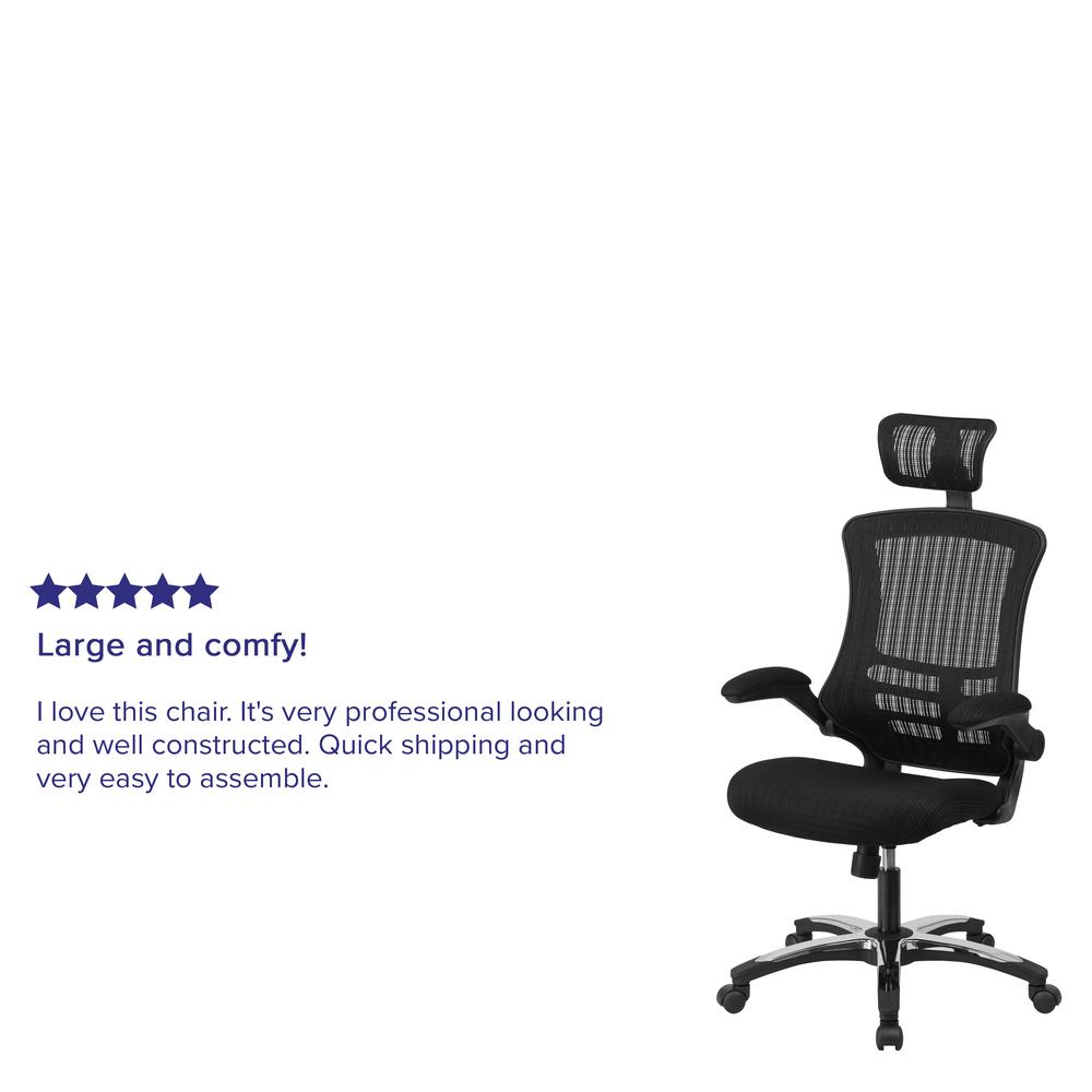 High-Back Black Mesh Swivel Ergonomic Executive Office Chair with Flip-Up Arms and Adjustable Headrest, BIFMA Certified. Picture 10