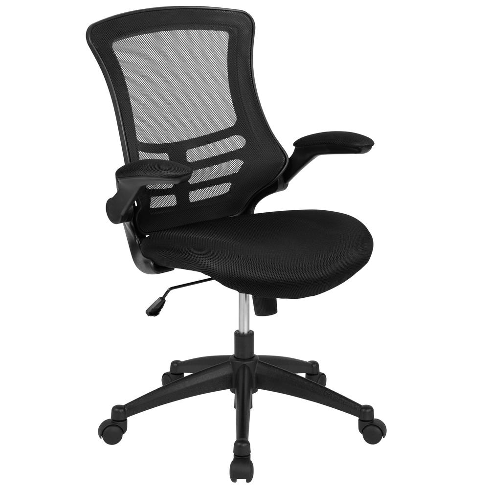 Mid-Back Black Mesh Swivel Ergonomic Task Office Chair with Flip-Up Arms, BIFMA Certified. The main picture.