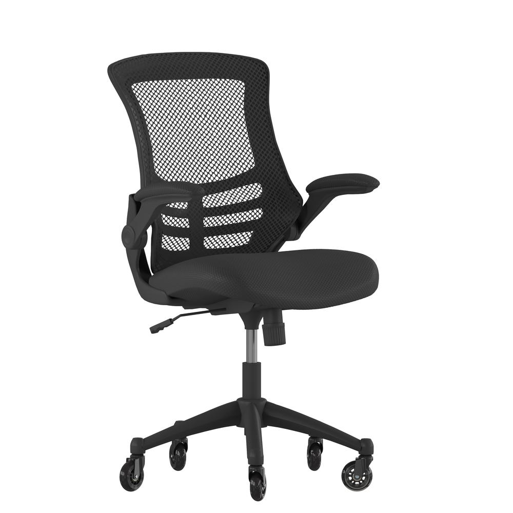 Mid-Back Black Mesh Swivel Task Office Chair with Flip-Up Arms and Roller Wheels. Picture 2
