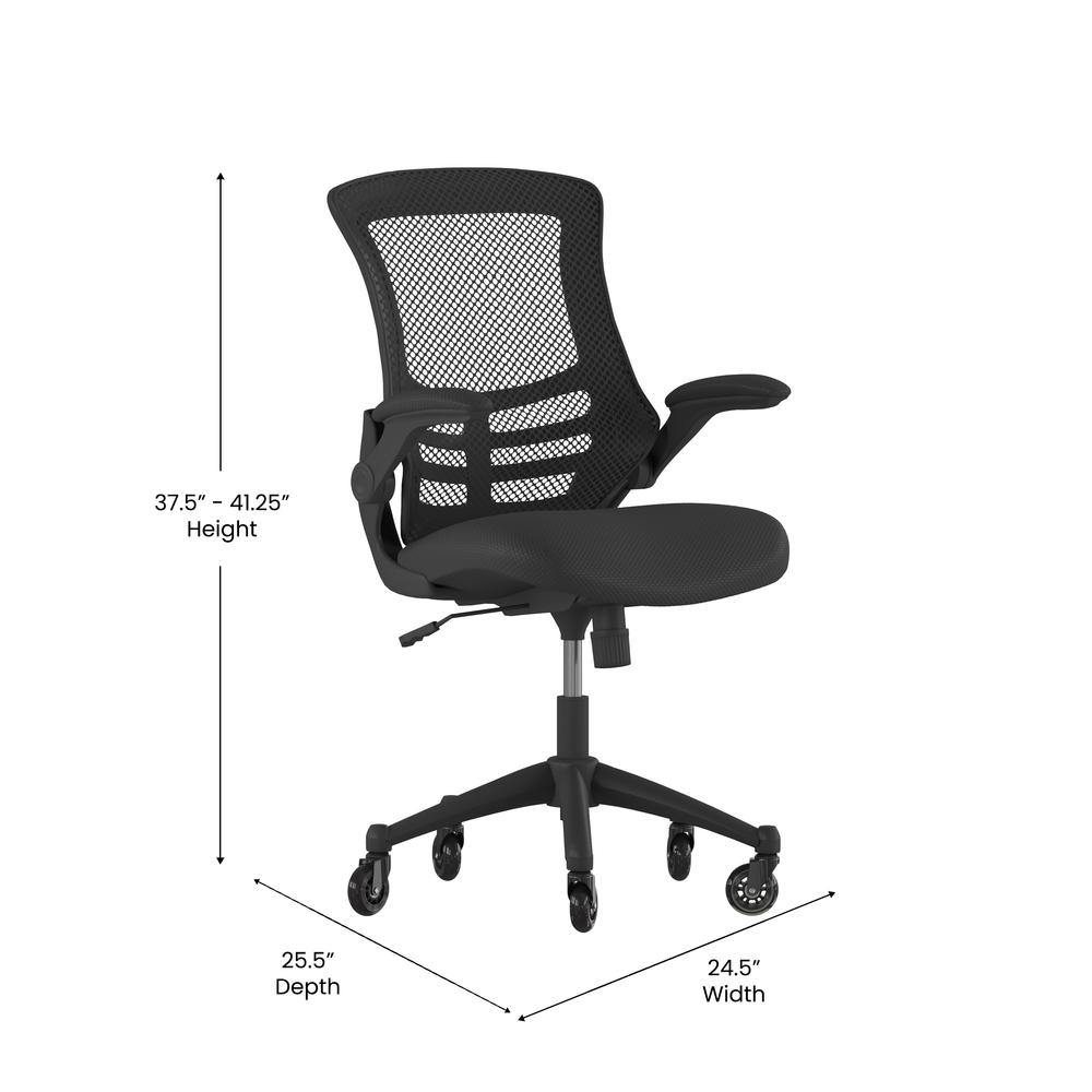 Mid-Back Black Mesh Swivel Task Office Chair with Flip-Up Arms and Roller Wheels. Picture 5
