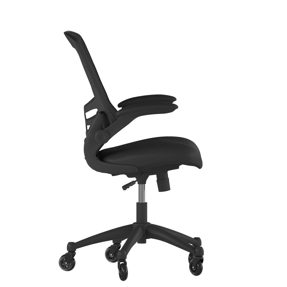 Mid-Back Black Mesh Swivel Task Office Chair with Flip-Up Arms and Roller Wheels. Picture 8