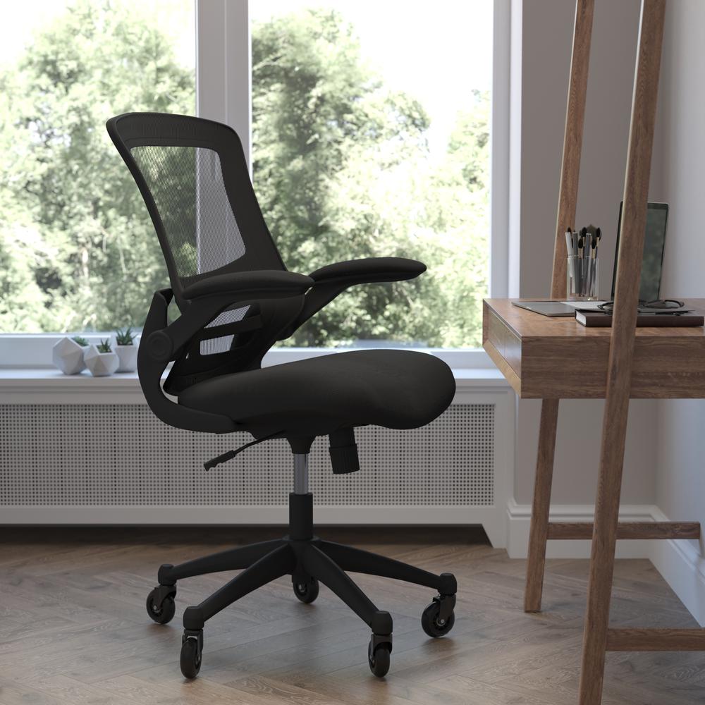 Mid-Back Black Mesh Swivel Task Office Chair with Flip-Up Arms and Roller Wheels. Picture 1