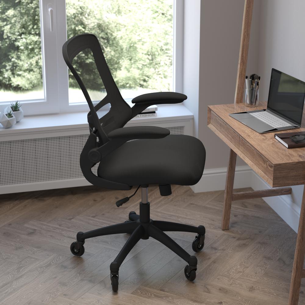 Mid-Back Black Mesh Swivel Task Office Chair with Flip-Up Arms and Roller Wheels. Picture 6