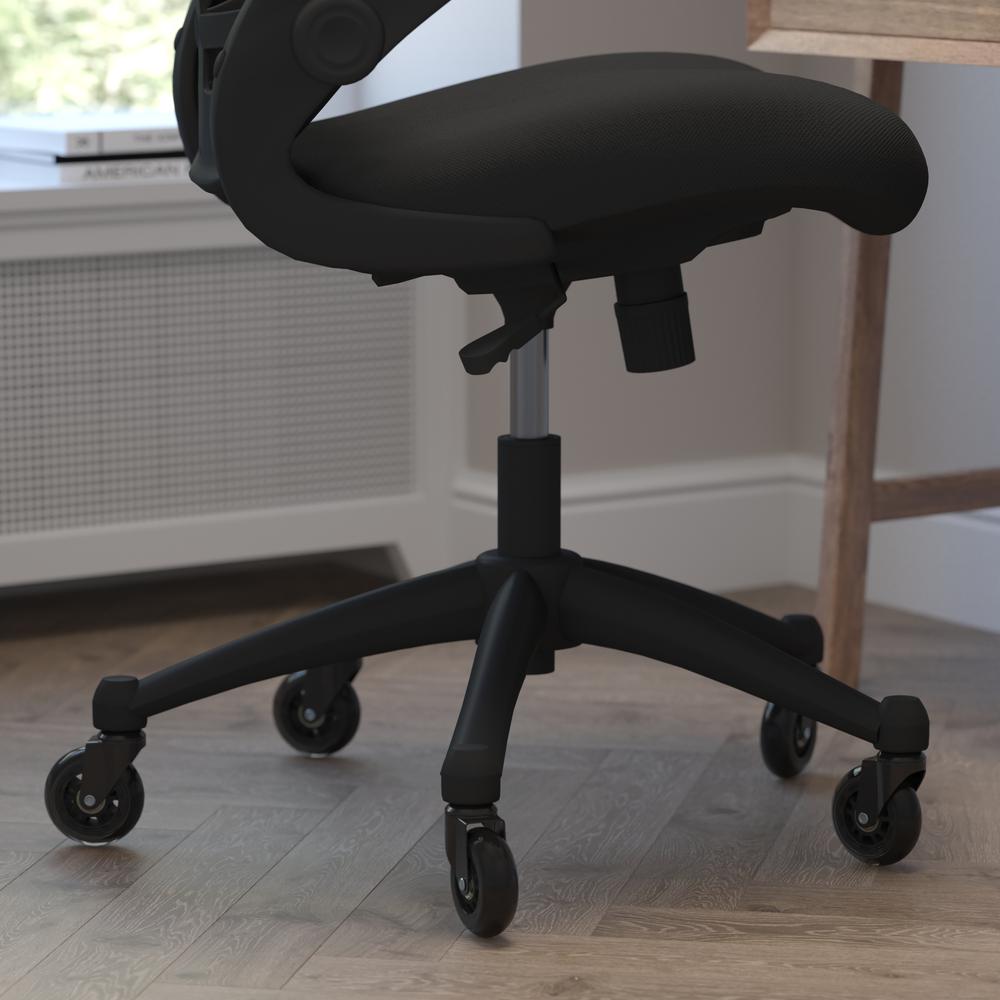 Mid-Back Black Mesh Swivel Task Office Chair with Flip-Up Arms and Roller Wheels. Picture 7