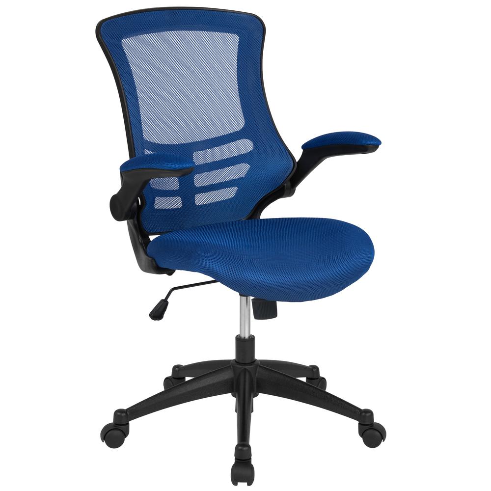 Mid-Back Blue Mesh Swivel Ergonomic Task Office Chair with Flip-Up Arms. Picture 1