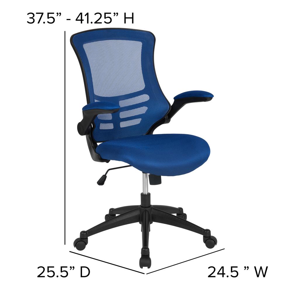 Mid-Back Blue Mesh Swivel Ergonomic Task Office Chair with Flip-Up Arms. Picture 4
