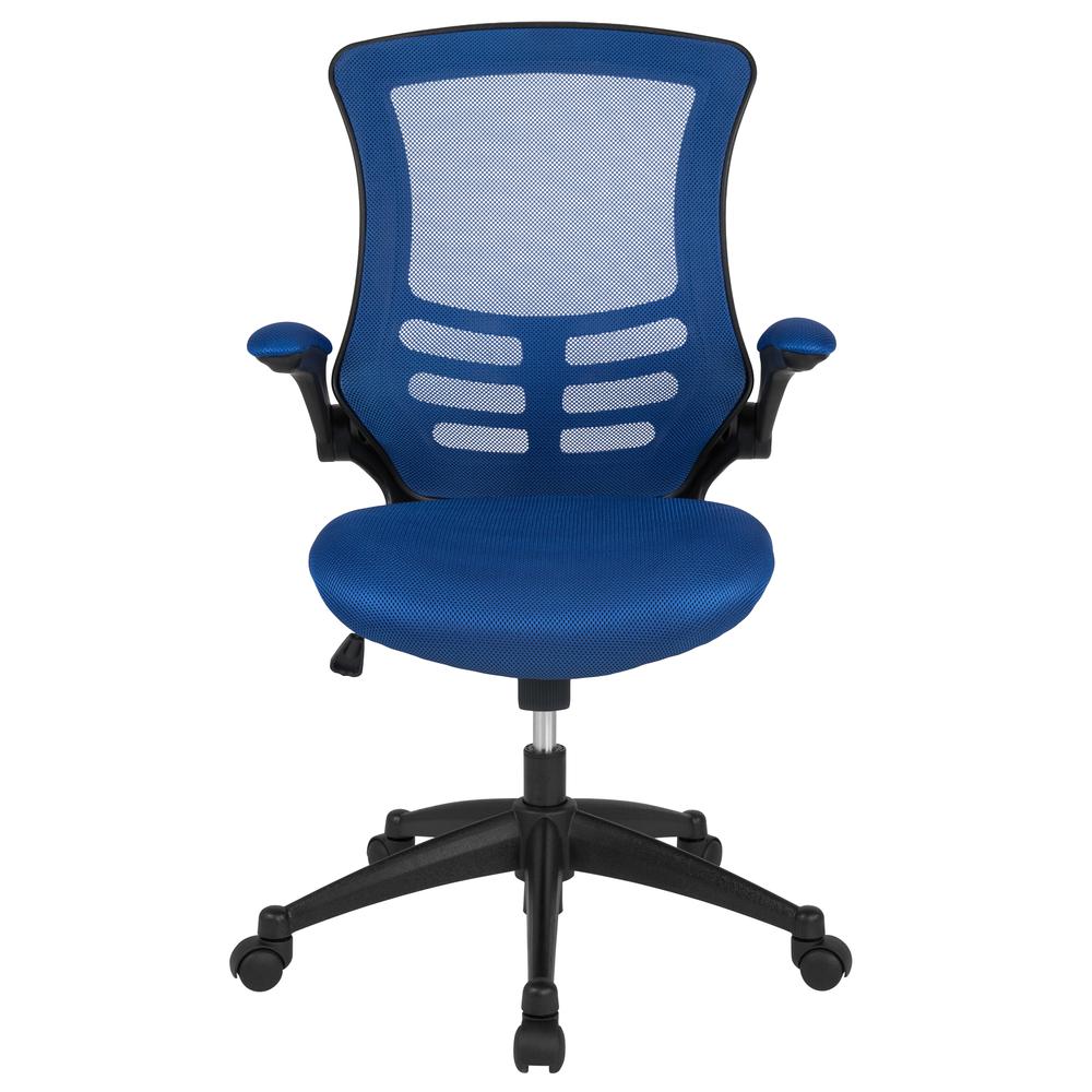 Mid-Back Blue Mesh Swivel Ergonomic Task Office Chair with Flip-Up Arms. Picture 5
