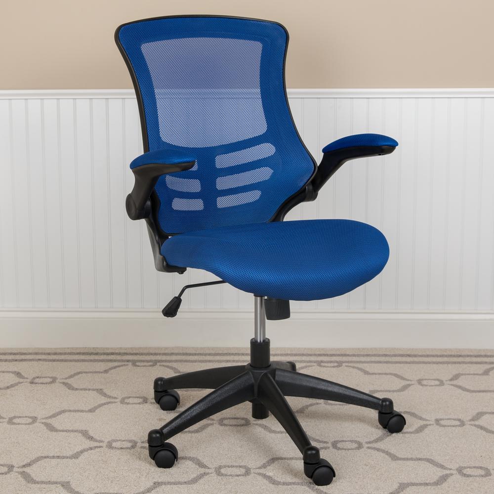 Mid-Back Blue Mesh Swivel Ergonomic Task Office Chair with Flip-Up Arms. Picture 2