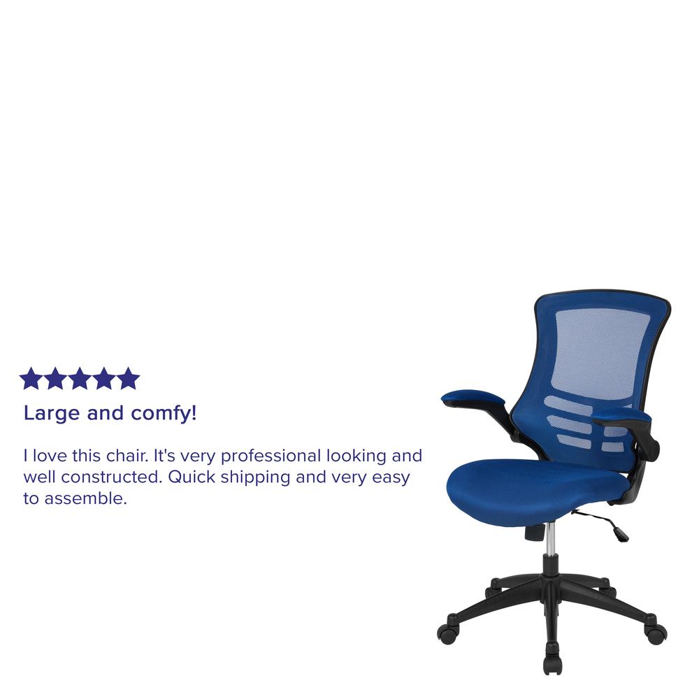 Mid-Back Blue Mesh Swivel Ergonomic Task Office Chair with Flip-Up Arms. Picture 12