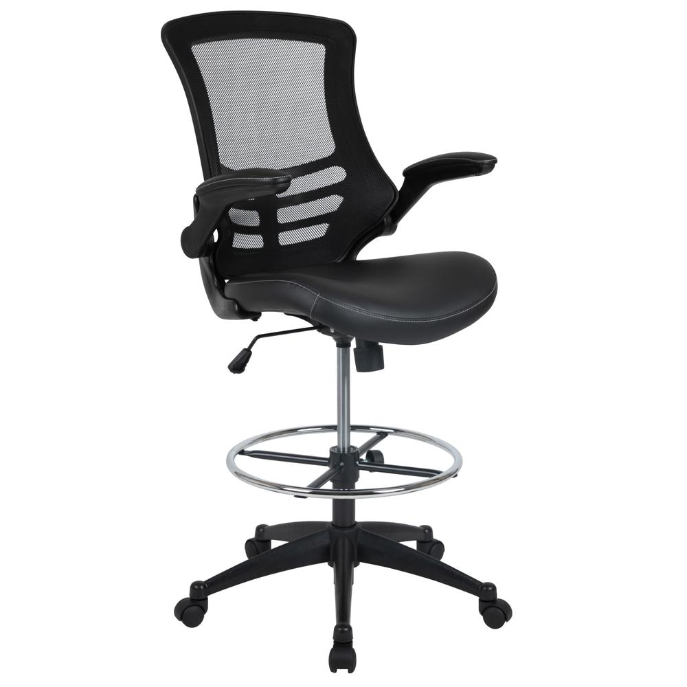 Mid-Back Black Mesh Ergonomic Drafting Chair with LeatherSoft Seat, Adjustable Foot Ring and Flip-Up Arms. Picture 1