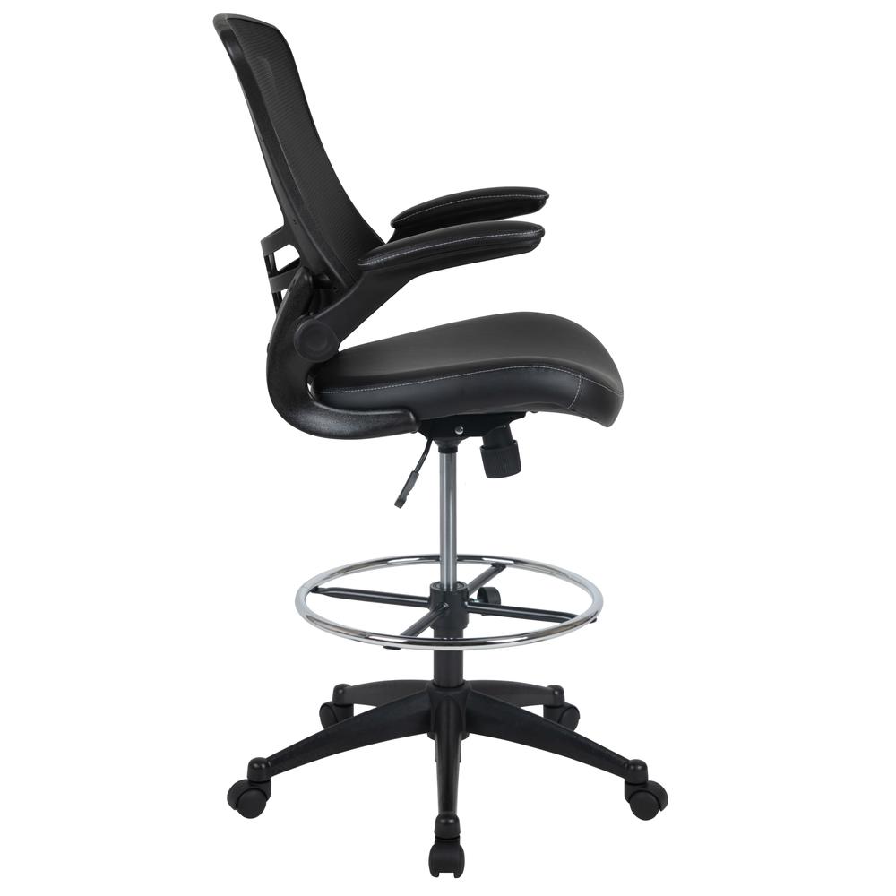Mid-Back Black Mesh Ergonomic Drafting Chair with LeatherSoft Seat, Adjustable Foot Ring and Flip-Up Arms. Picture 3