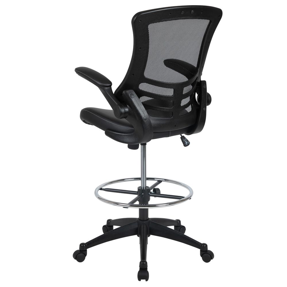 Mid-Back Black Mesh Ergonomic Drafting Chair with LeatherSoft Seat, Adjustable Foot Ring and Flip-Up Arms. Picture 4