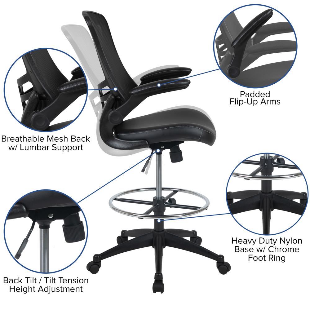 Mid-Back Black Mesh Ergonomic Drafting Chair with LeatherSoft Seat, Adjustable Foot Ring and Flip-Up Arms. Picture 3