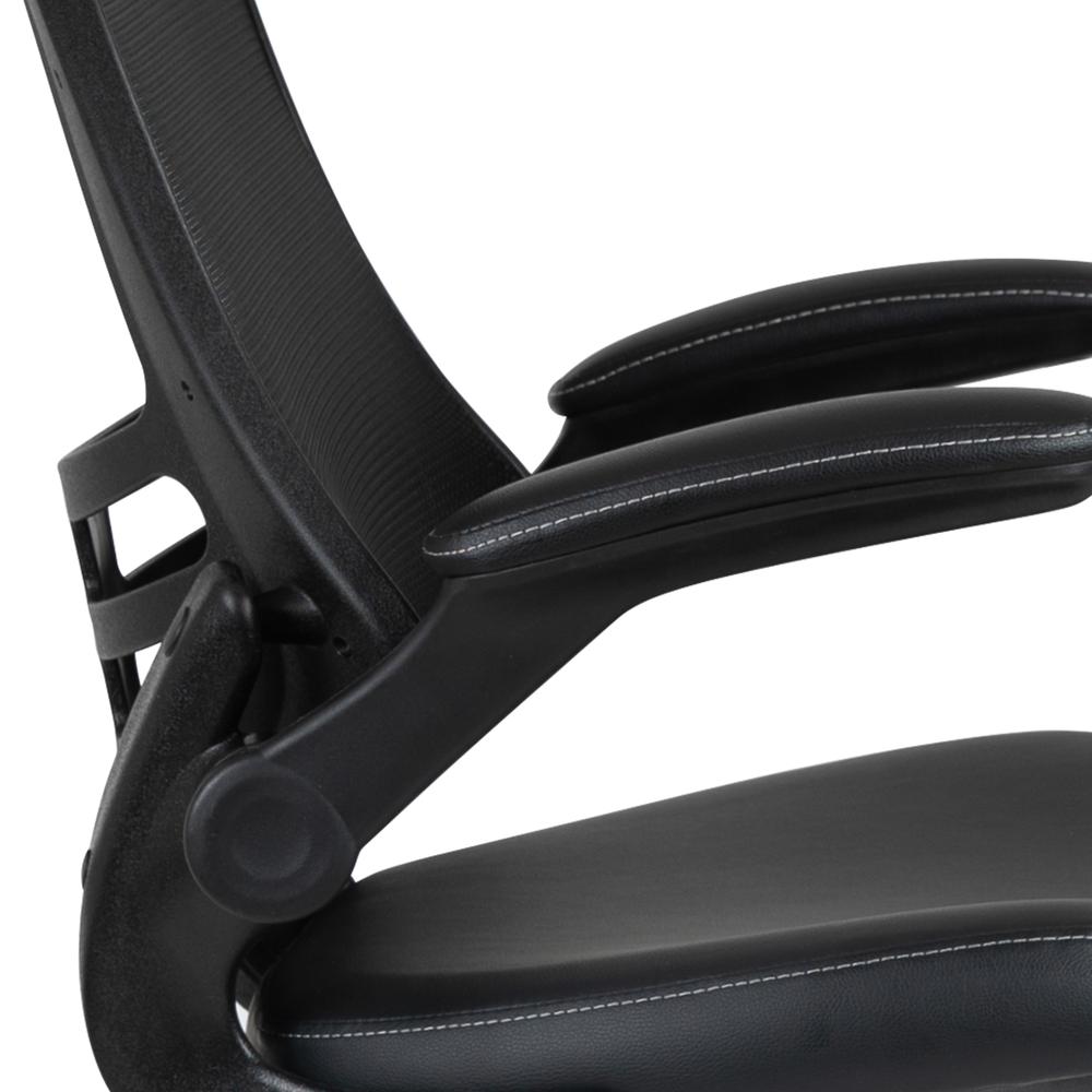 Mid-Back Black Mesh Ergonomic Drafting Chair with LeatherSoft Seat, Adjustable Foot Ring and Flip-Up Arms. Picture 7