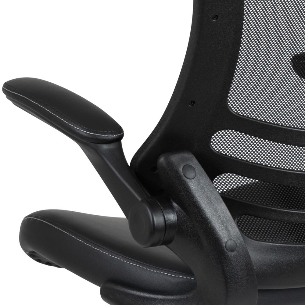 Mid-Back Black Mesh Ergonomic Drafting Chair with LeatherSoft Seat, Adjustable Foot Ring and Flip-Up Arms. Picture 8