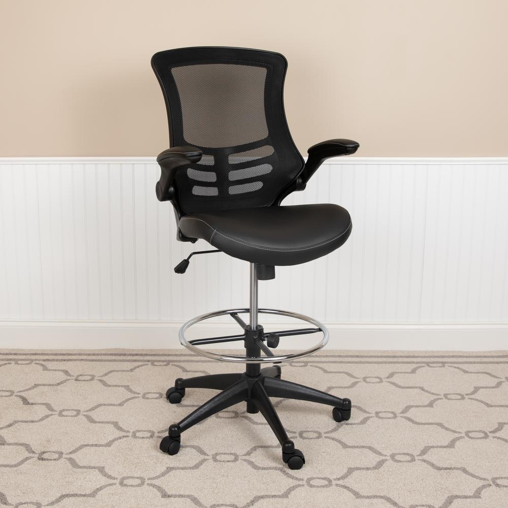 Mid-Back Black Mesh Ergonomic Drafting Chair with LeatherSoft Seat, Adjustable Foot Ring and Flip-Up Arms. Picture 11