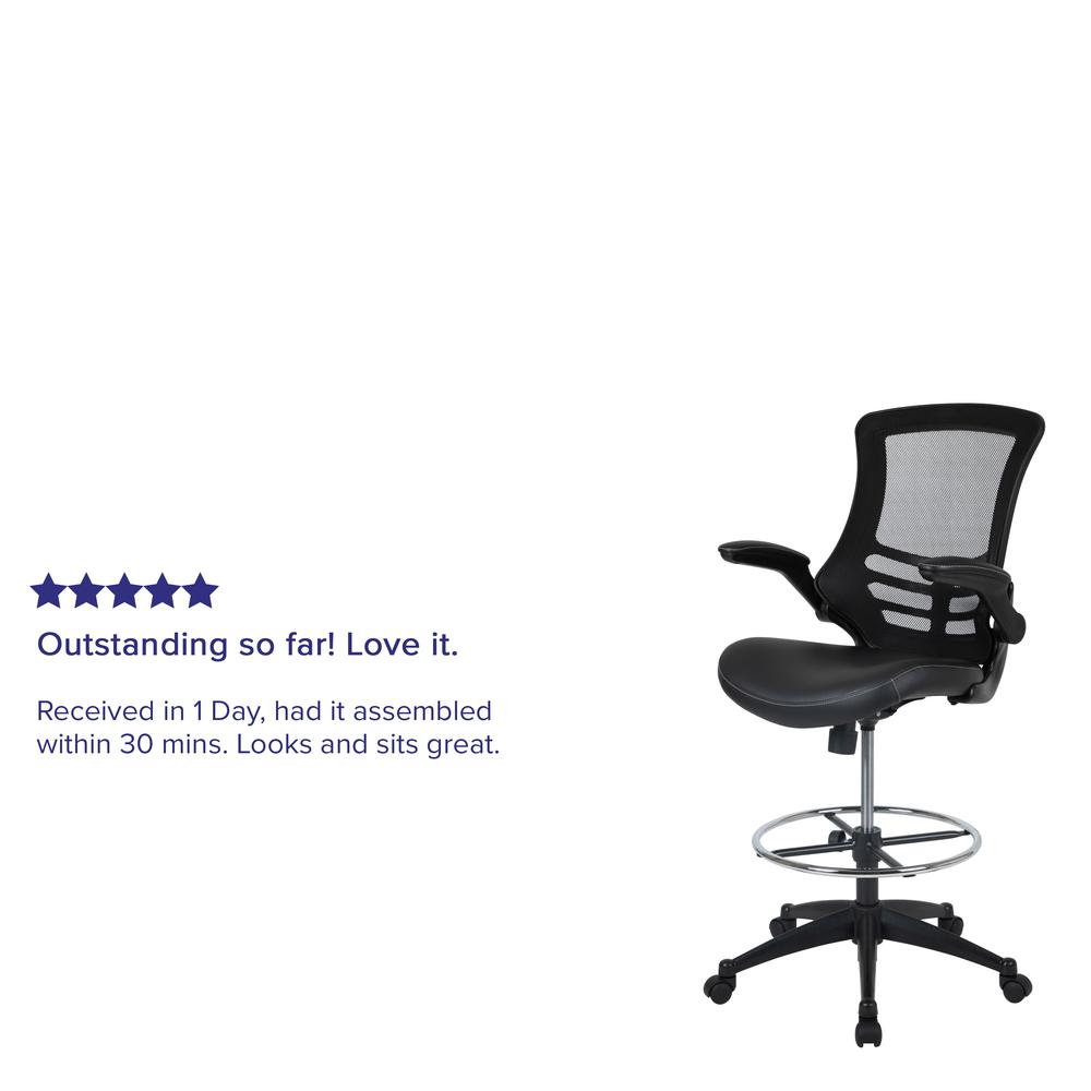 Mid-Back Black Mesh Ergonomic Drafting Chair with LeatherSoft Seat, Adjustable Foot Ring and Flip-Up Arms. Picture 12