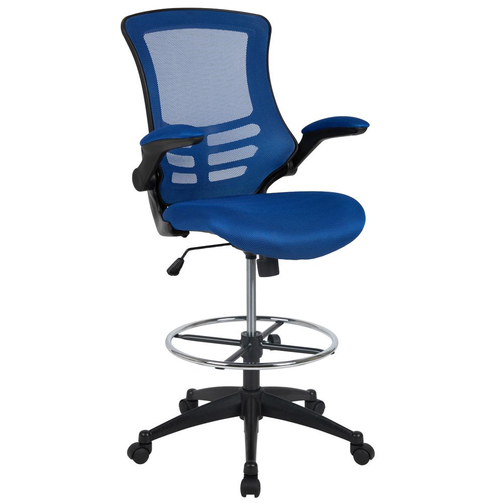 Mid Back Blue Mesh Ergonomic Drafting Chair with Adjustable Foot Ring and Flip-Up Arms. The main picture.