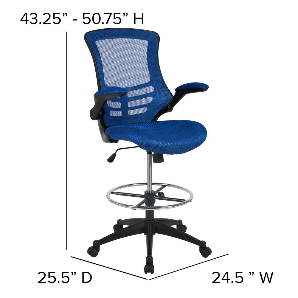 Mid Back Blue Mesh Ergonomic Drafting Chair with Adjustable Foot Ring and Flip-Up Arms. Picture 2
