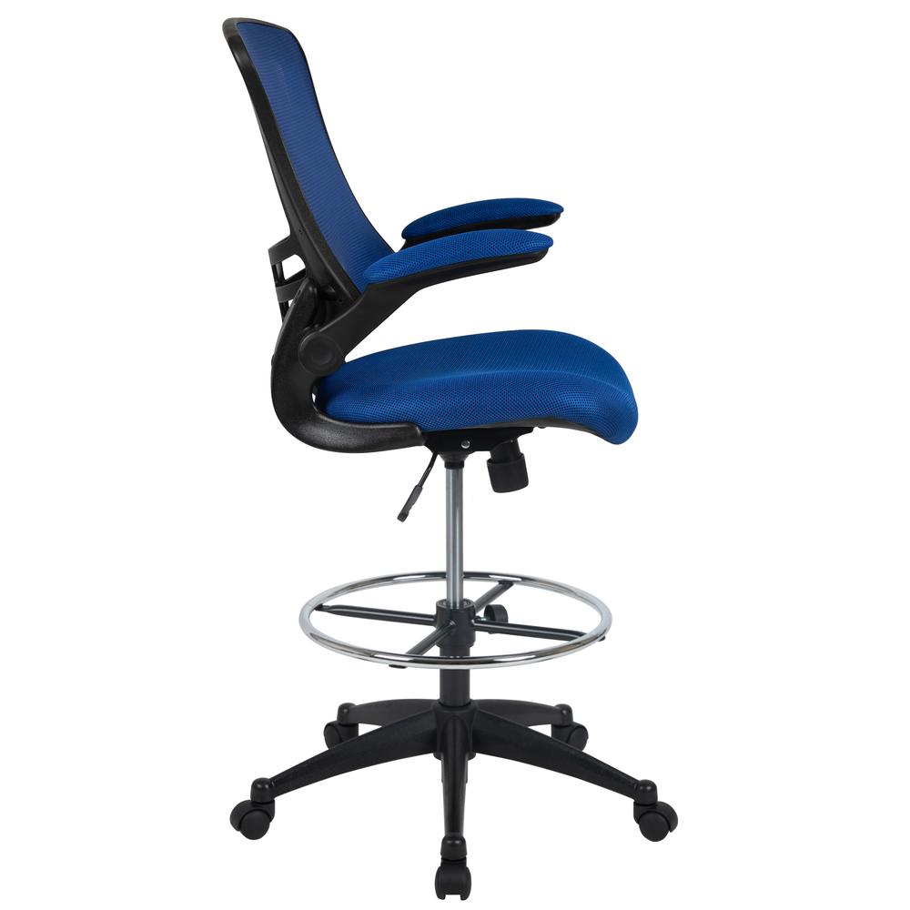 Mid Back Blue Mesh Ergonomic Drafting Chair with Adjustable Foot Ring and Flip-Up Arms. Picture 3
