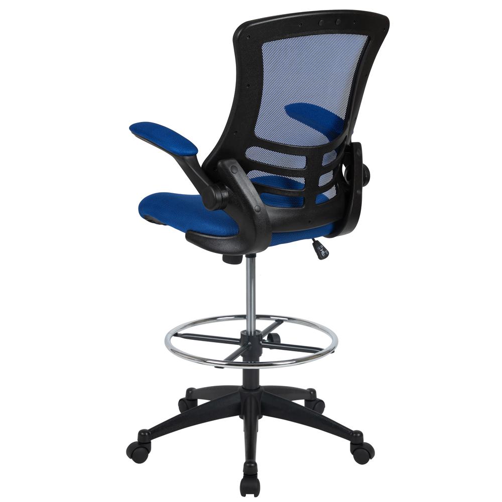 Mid Back Blue Mesh Ergonomic Drafting Chair with Adjustable Foot Ring and Flip-Up Arms. Picture 4