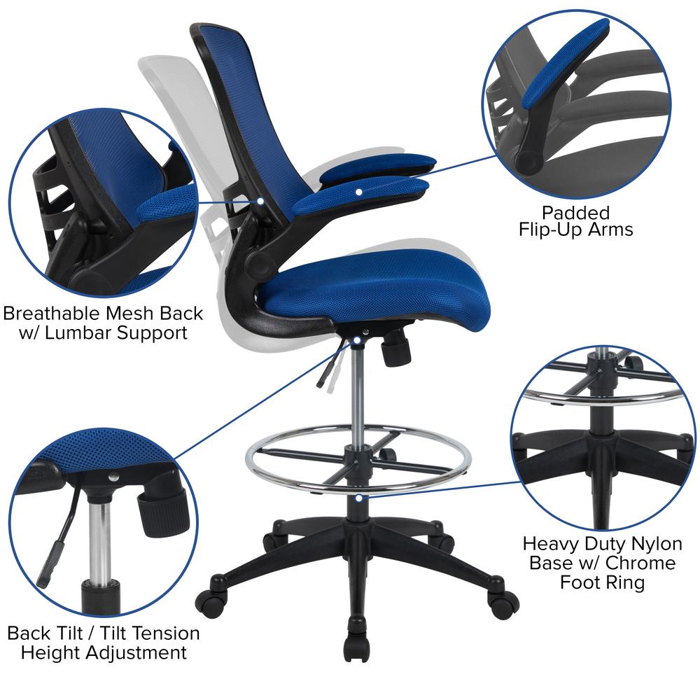 Mid Back Blue Mesh Ergonomic Drafting Chair with Adjustable Foot Ring and Flip-Up Arms. Picture 6