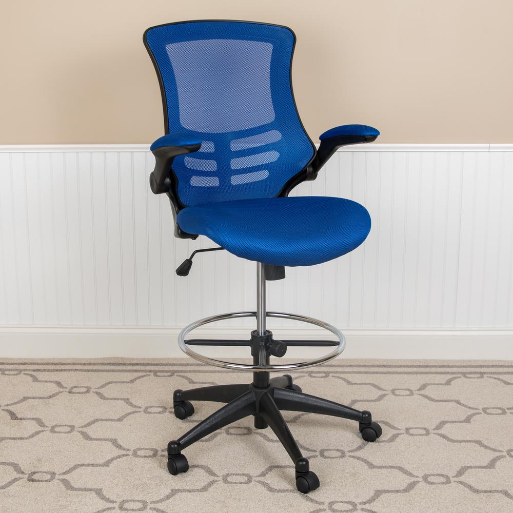 Mid-Back Blue Mesh Ergonomic Drafting Chair with Adjustable Foot Ring and Flip-Up Arms. Picture 2