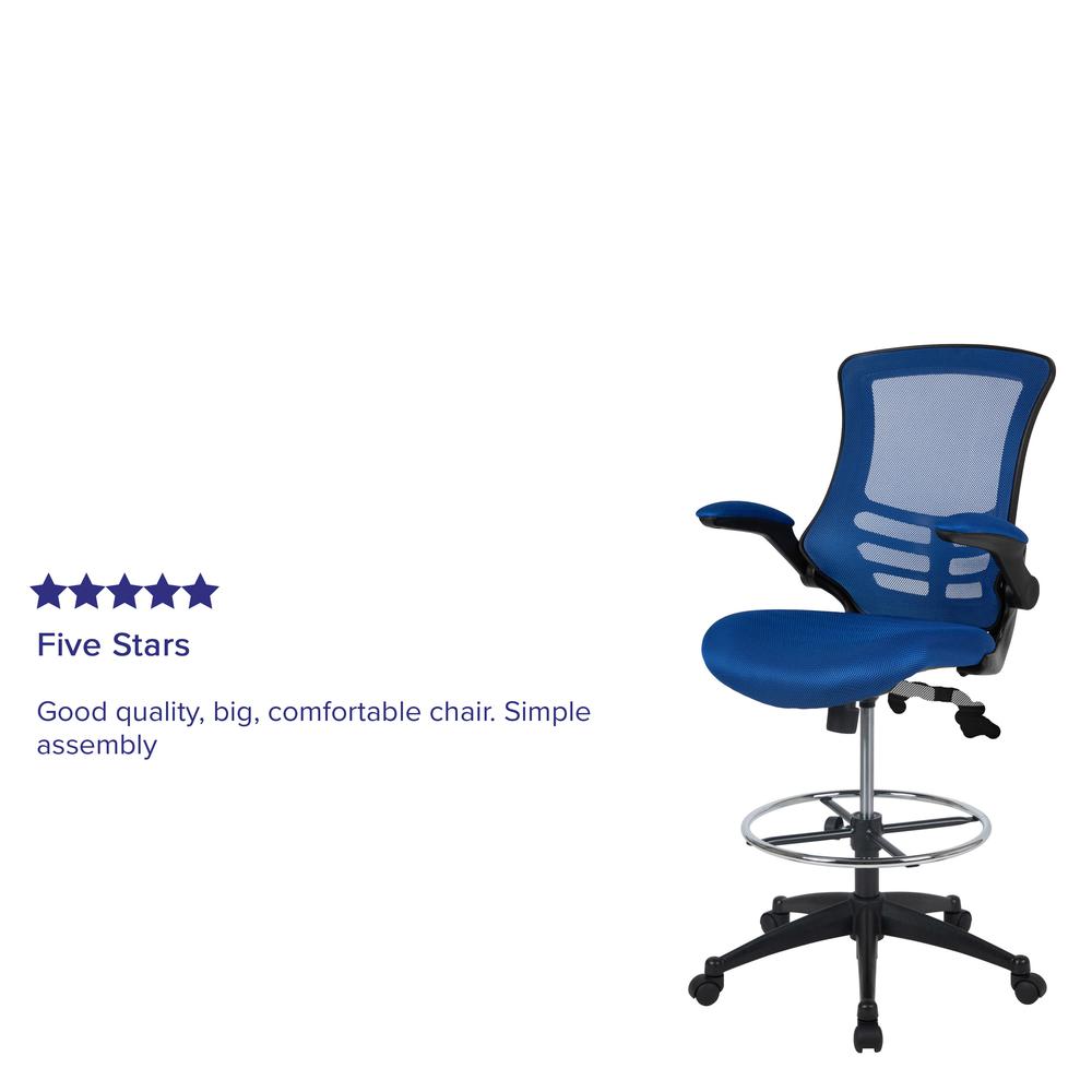 Mid Back Blue Mesh Ergonomic Drafting Chair with Adjustable Foot Ring and Flip-Up Arms. Picture 12