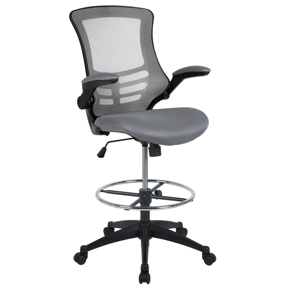 Mid-Back Dark Gray Mesh Ergonomic Drafting Chair with Adjustable Foot Ring and Flip-Up Arms. Picture 1