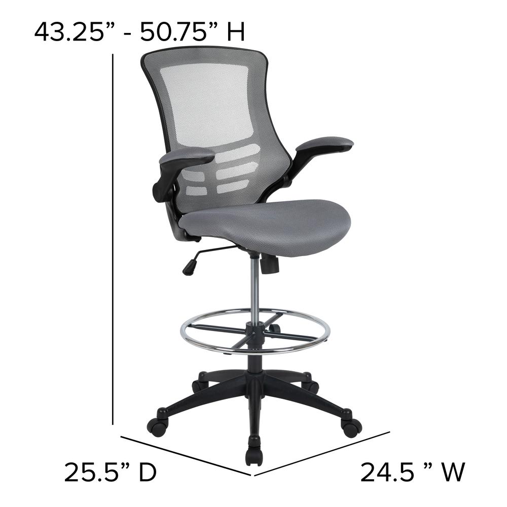 Mid-Back Dark Gray Mesh Ergonomic Drafting Chair with Adjustable Foot Ring and Flip-Up Arms. Picture 4