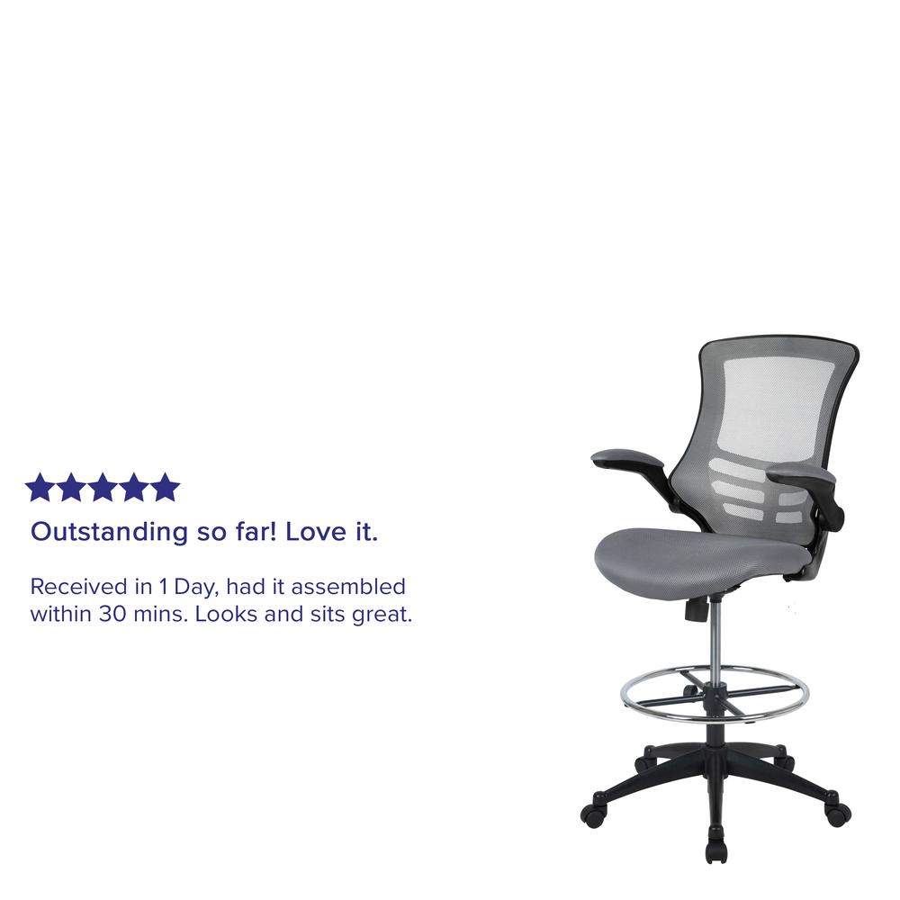 Mid Back Dark Gray Mesh Ergonomic Drafting Chair with Adjustable Foot Ring and Flip-Up Arms. Picture 12