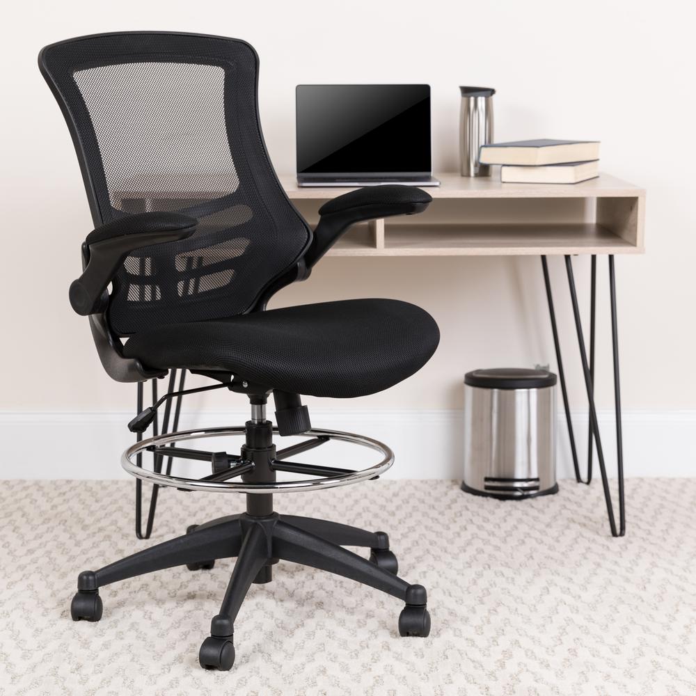 Mid-Back Black Mesh Ergonomic Drafting Chair with Adjustable Foot Ring and Flip-Up Arms. Picture 2