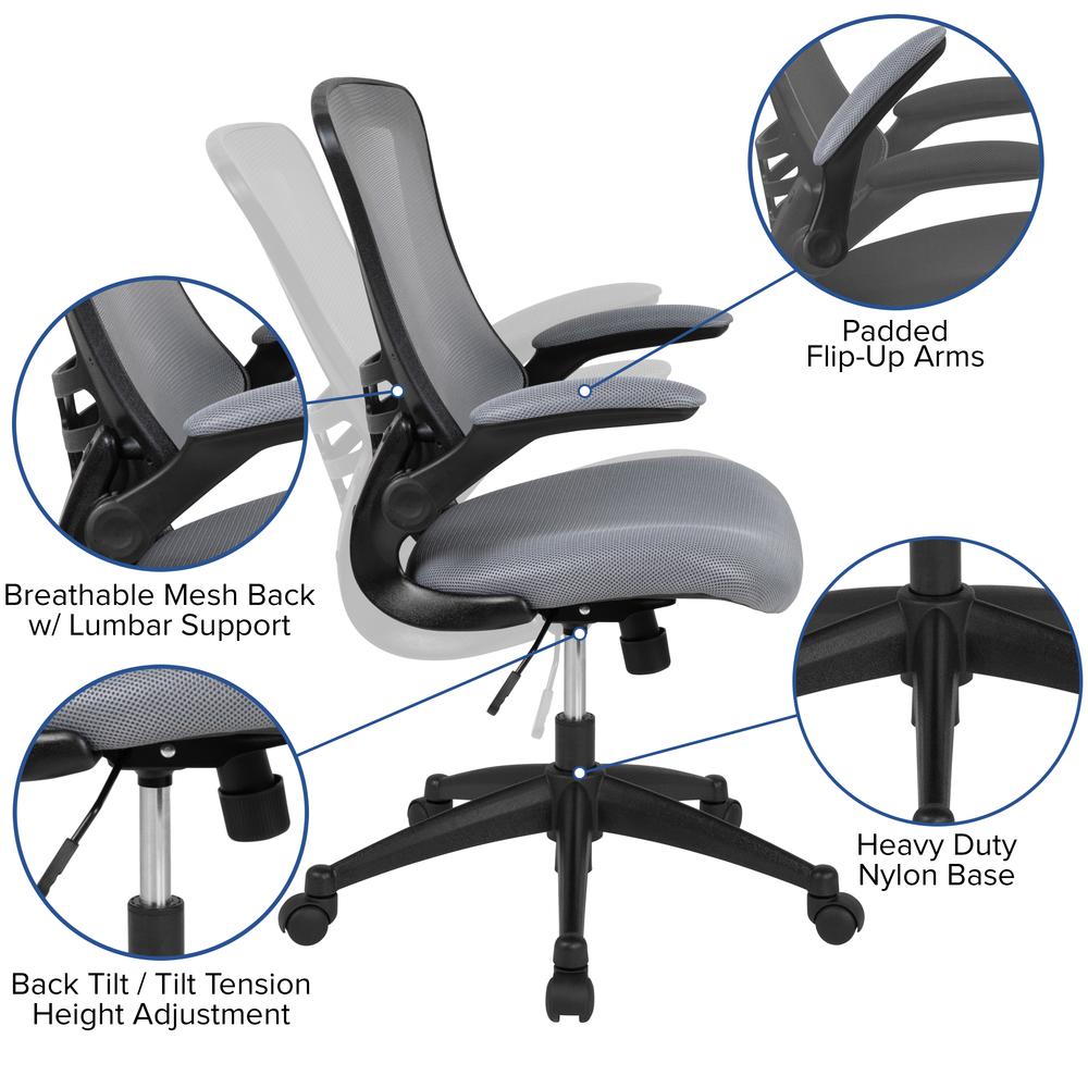 Mid-Back Dark Gray Mesh Swivel Ergonomic Task Office Chair with Flip-Up Arms. Picture 6
