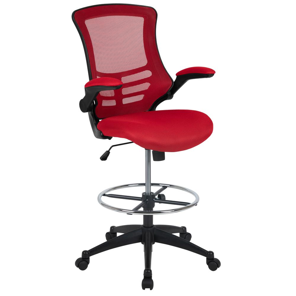 Mid-Back Red Mesh Ergonomic Drafting Chair with Adjustable Foot Ring and Flip-Up Arms. Picture 1
