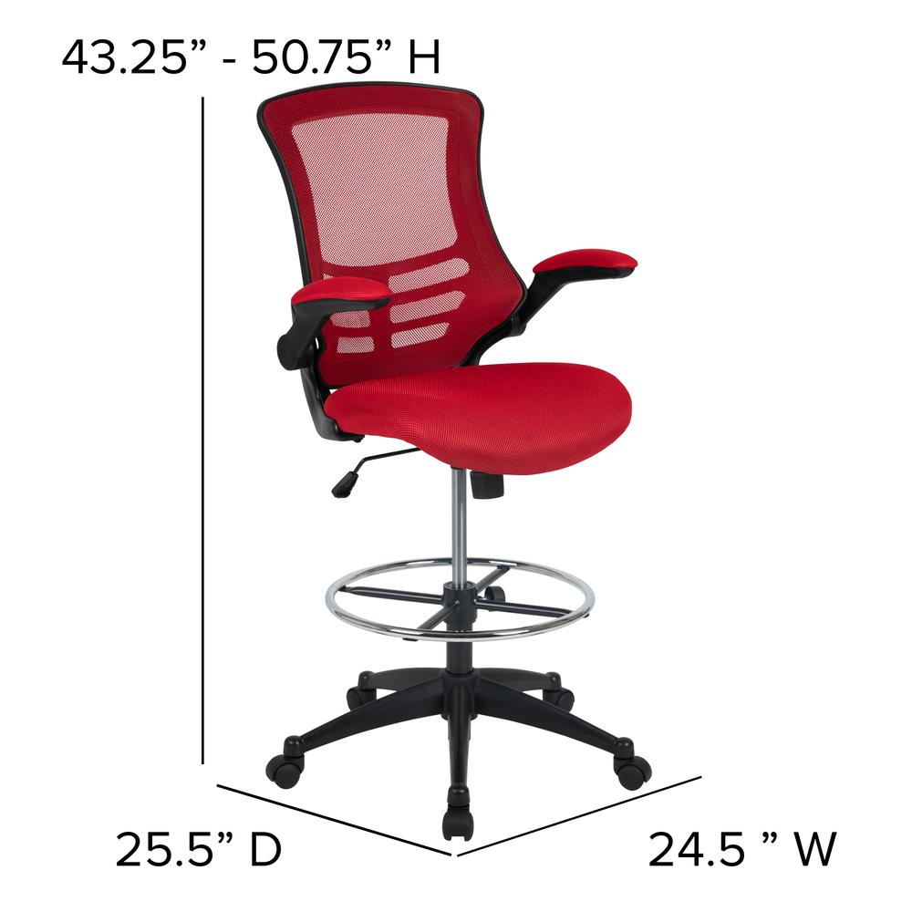 Mid-Back Red Mesh Ergonomic Drafting Chair with Adjustable Foot Ring and Flip-Up Arms. Picture 4