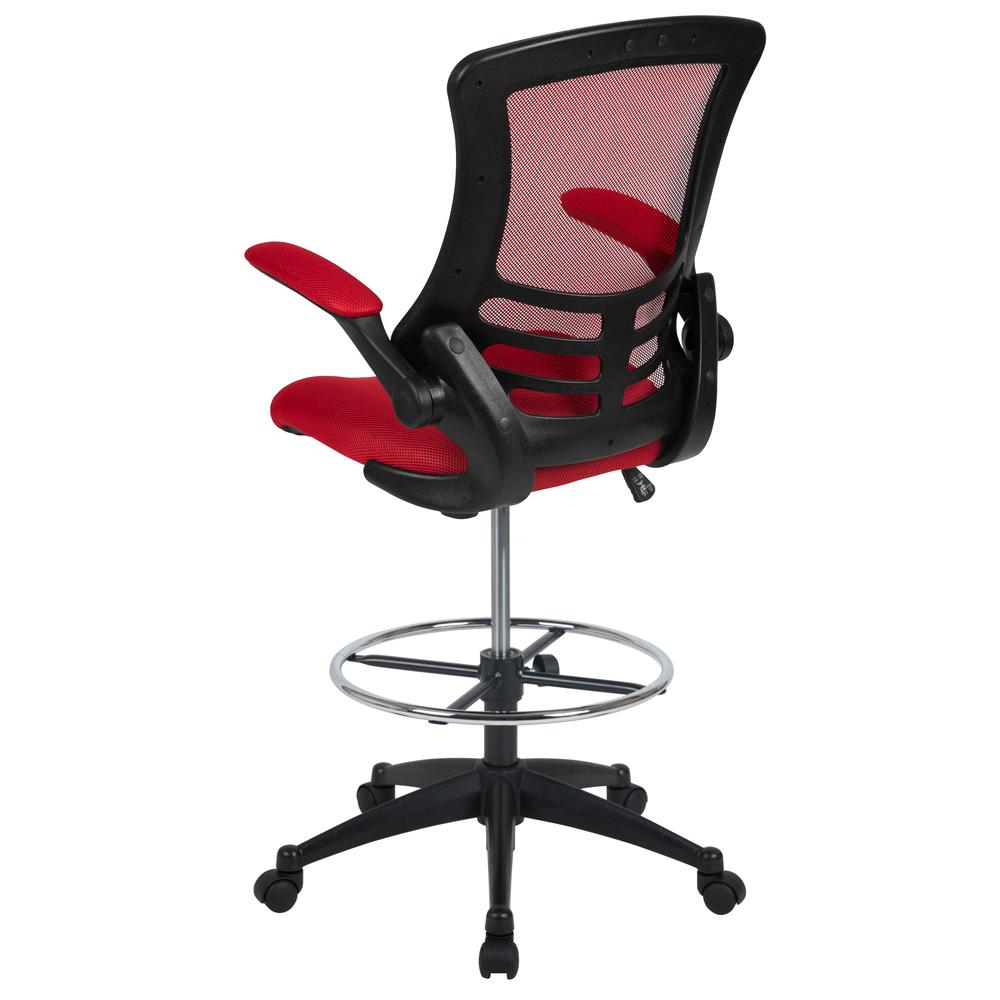 Mid-Back Red Mesh Ergonomic Drafting Chair with Adjustable Foot Ring and Flip-Up Arms. Picture 5
