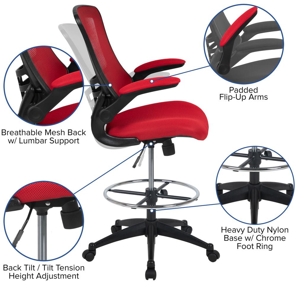 Mid-Back Red Mesh Ergonomic Drafting Chair with Adjustable Foot Ring and Flip-Up Arms. Picture 6