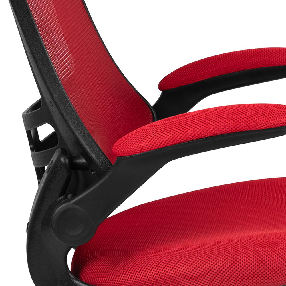 Mid-Back Red Mesh Ergonomic Drafting Chair with Adjustable Foot Ring and Flip-Up Arms. Picture 7