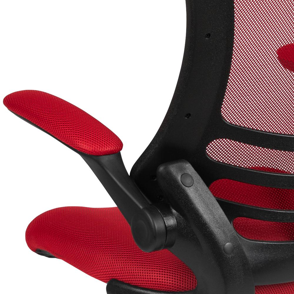 Mid-Back Red Mesh Ergonomic Drafting Chair with Adjustable Foot Ring and Flip-Up Arms. Picture 8
